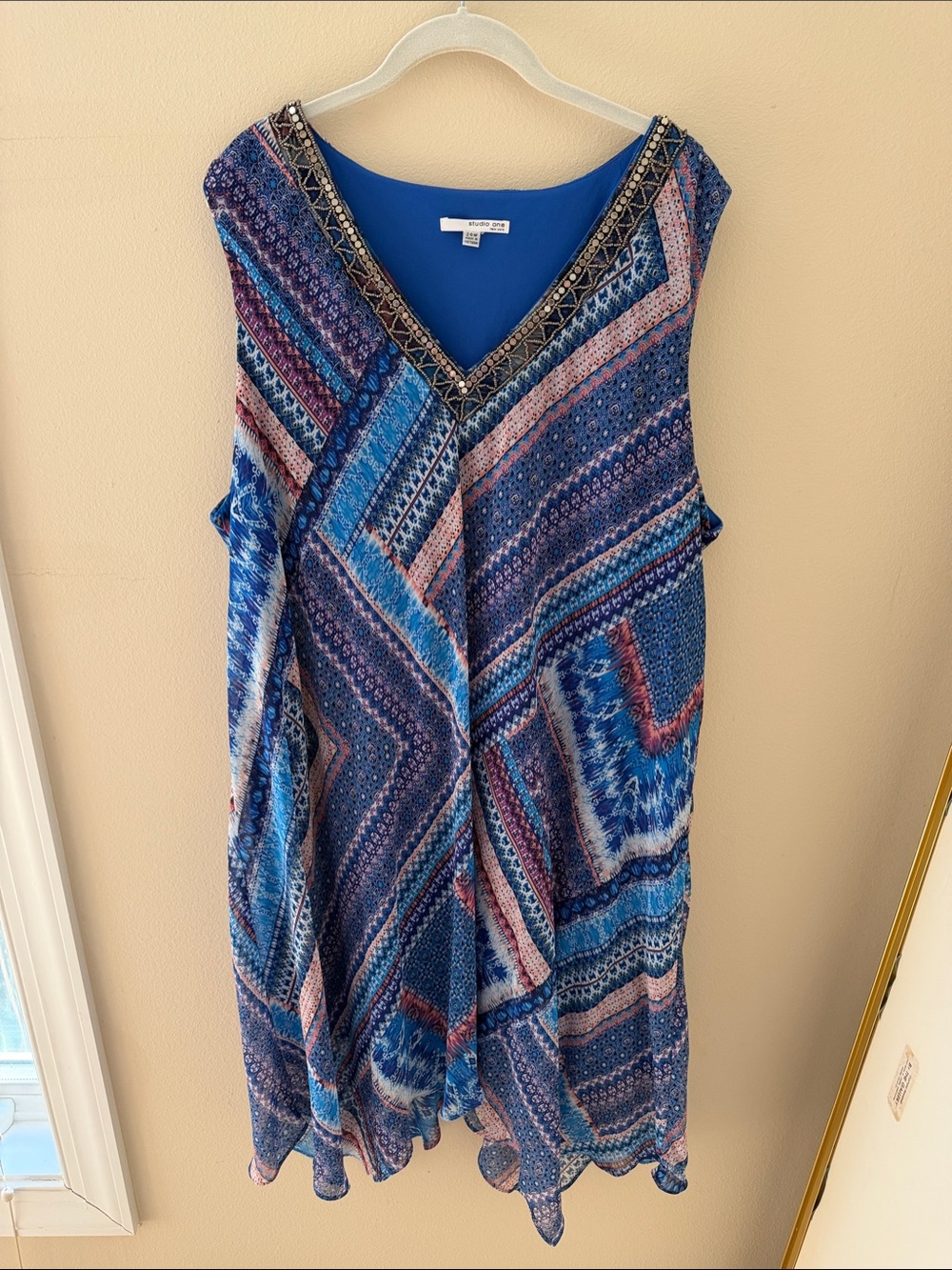 Studio One Blue and Pink Beaded V-Neck Dress
